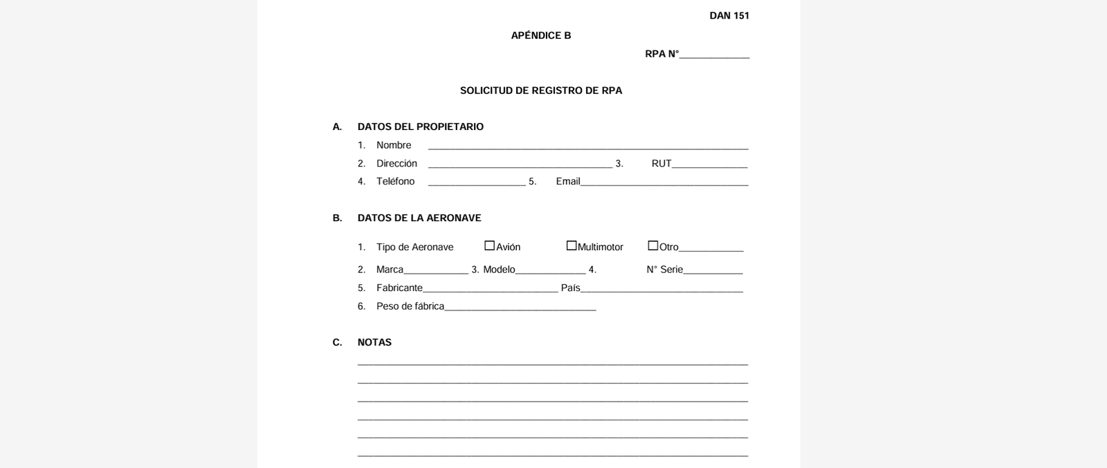 Formulario Apéndice B de la DAN 151