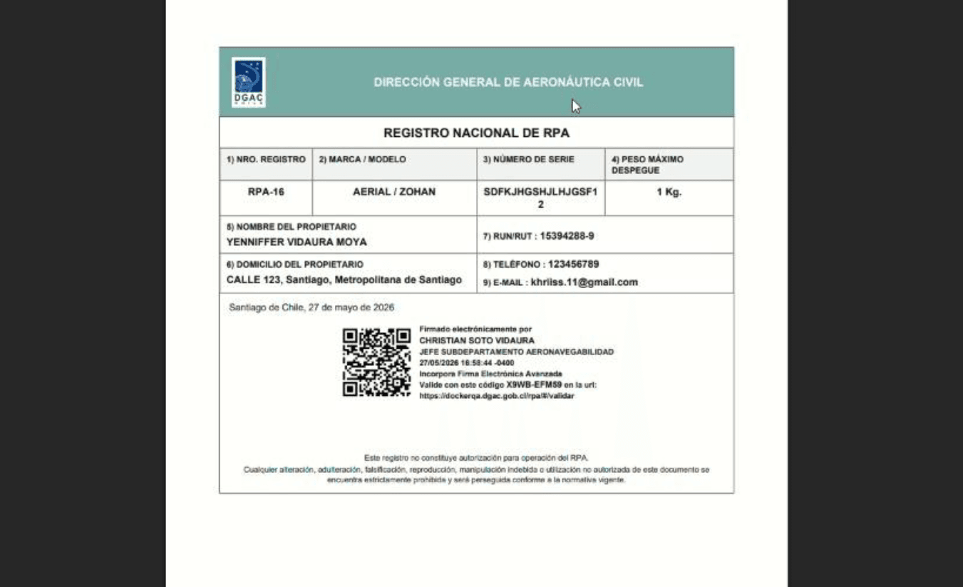 Ejemplo de certificado de registro de RPA firmado