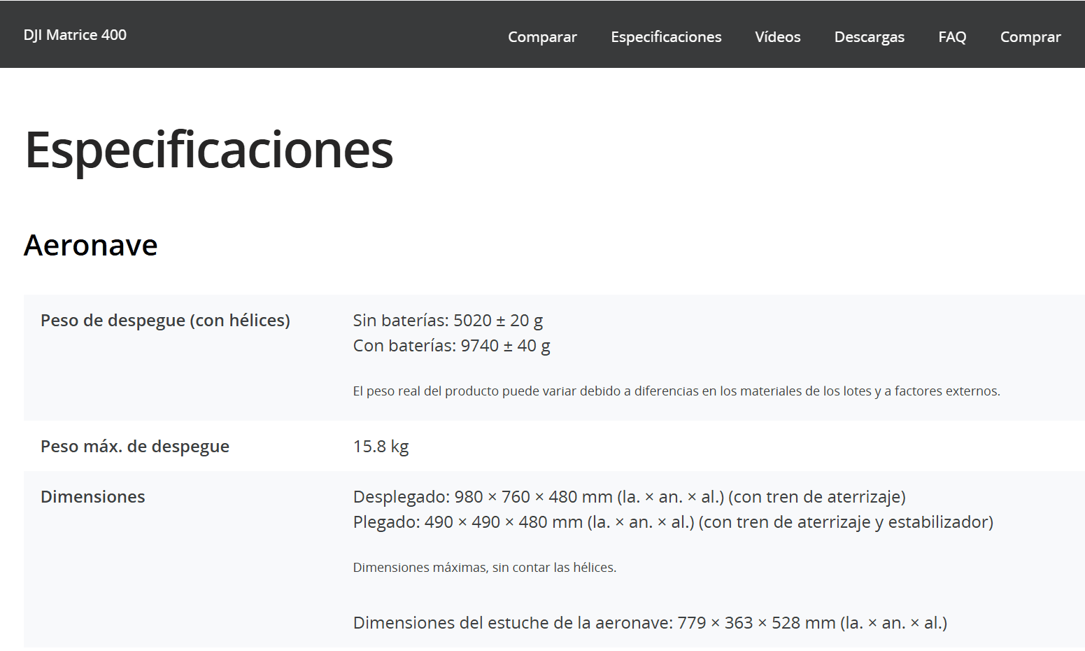 Especificación de peso de fábrica del RPA